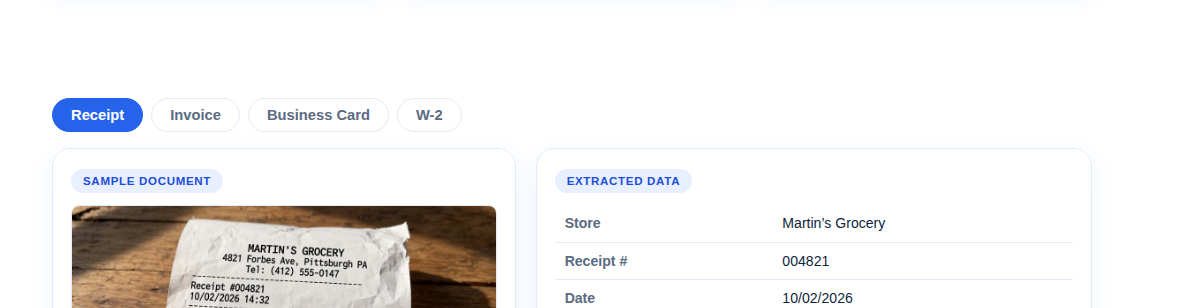 Maddie's Lab demo: a receipt photo converted into structured extracted data